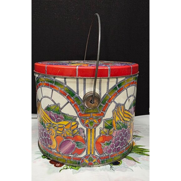 Vintage Tin Container with Fruit and Vegetable Stained Glass Pattern Fall Decor - Picture 5 of 11